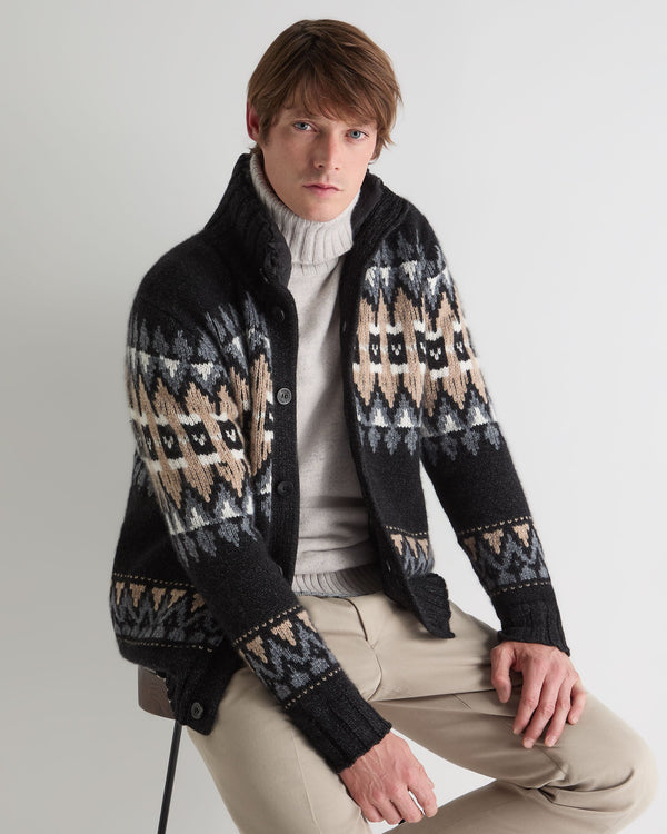 n.peal Men's Jacquard Button Through Cashmere Cardigan In Charcoal Grey