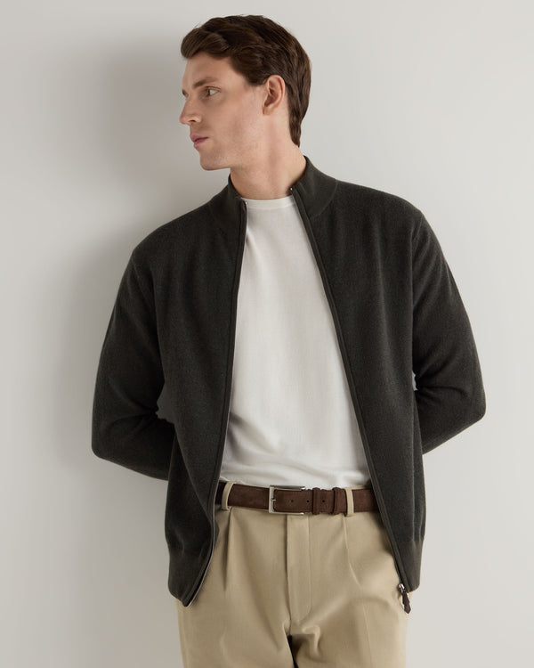 n.peal Men's Knightsbridge Full Zip Cashmere Sweater In Arabica Khaki Green