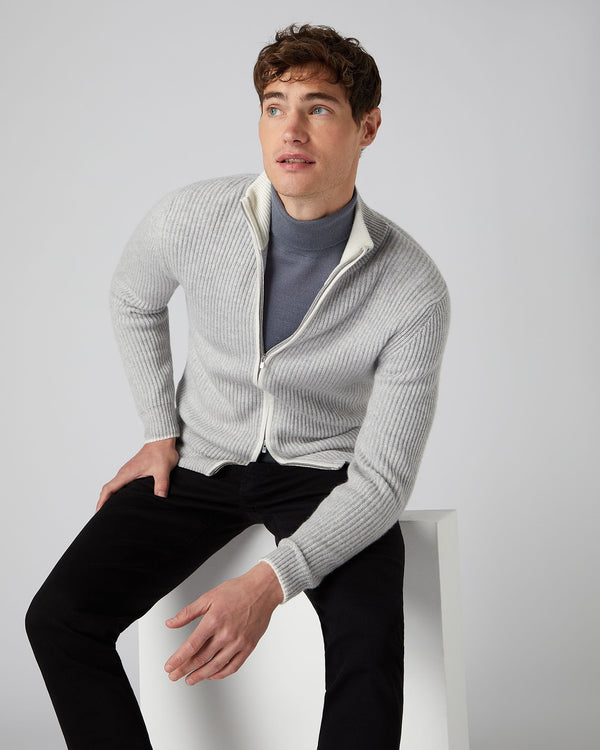 n.peal Men's Lambeth Rib Full Zip Cashmere Cardigan In Fumo Grey