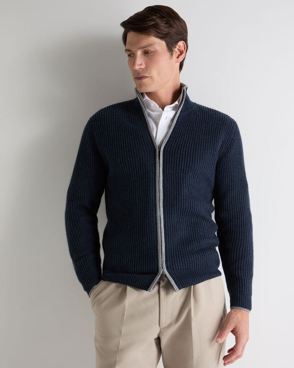 n.peal Men's Lambeth Rib Full Zip Cashmere Cardigan In Indigo Blue