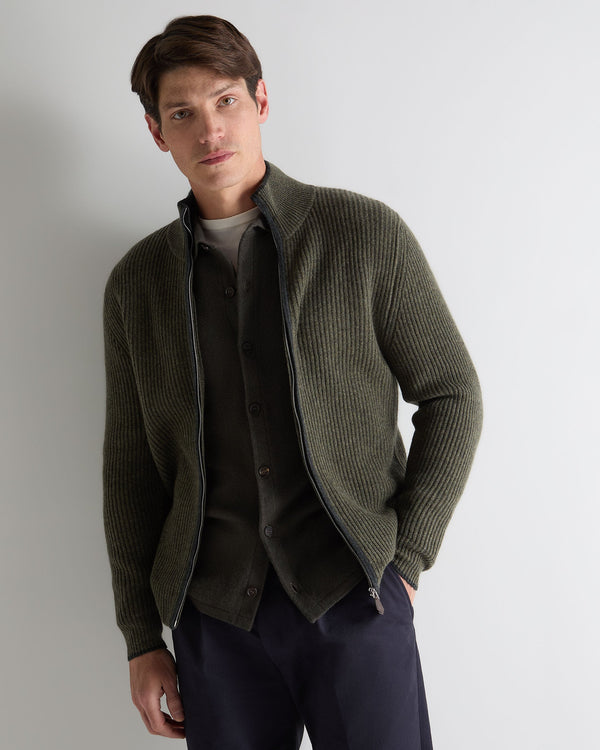 n.peal Men's Lambeth Rib Full Zip Cashmere Cardigan In Moss Green