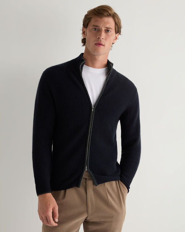 n.peal Men's Lambeth Rib Full Zip Cashmere Cardigan In Navy Blue
