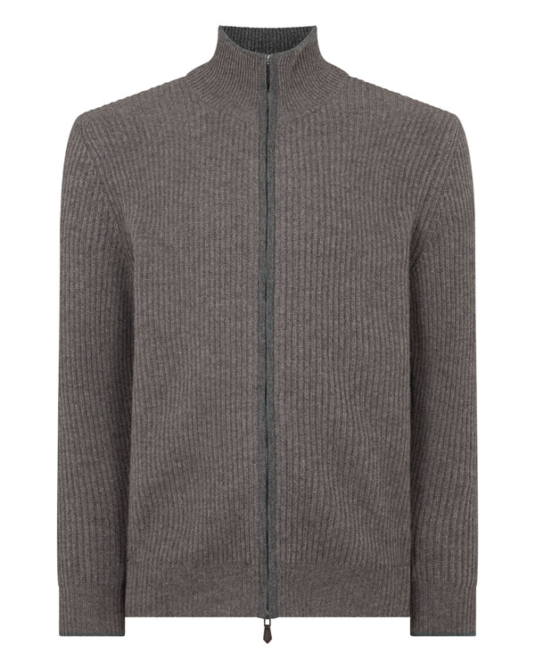 N.peal Men's Lambeth Rib Full Zip Cashmere Cardigan In Wood Smoke Brown