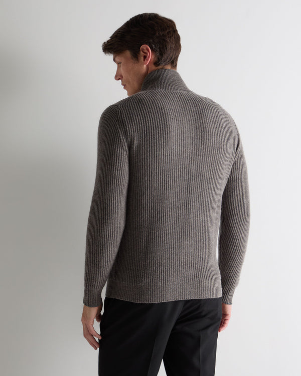 N.peal Men's Lambeth Rib Full Zip Cashmere Cardigan In Wood Smoke Brown