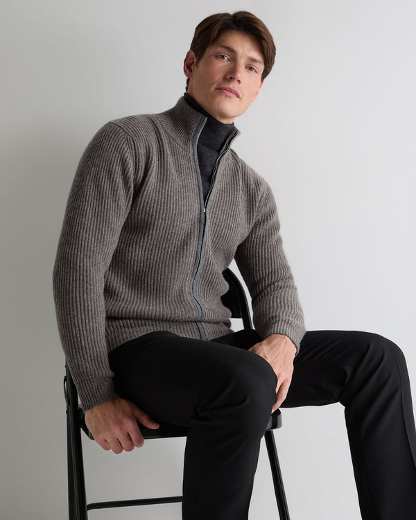 n.peal Men's Lambeth Rib Full Zip Cashmere Cardigan In Wood Smoke Brown