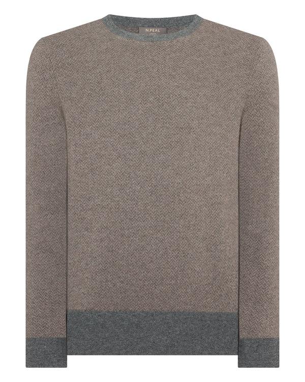 N.peal Men's Oxford Herringbone Round Neck Cashmere Sweater In Otter Brown