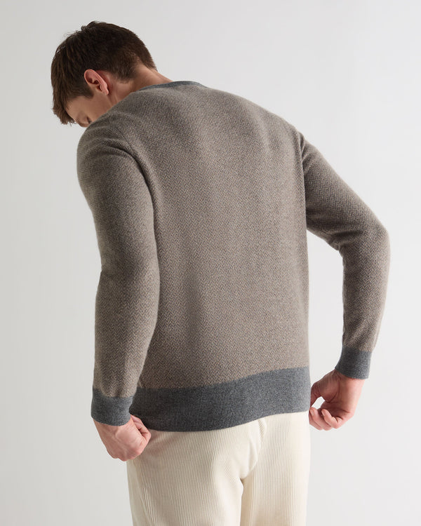 N.peal Men's Oxford Herringbone Round Neck Cashmere Sweater In Otter Brown