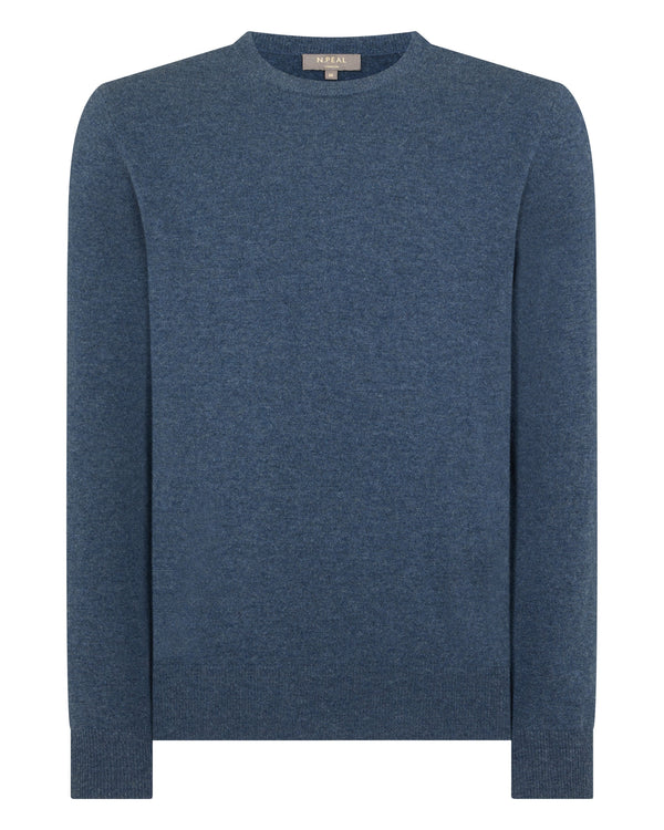 N.peal Men's Oxford Round Neck Cashmere Sweater In Light Denim Blue