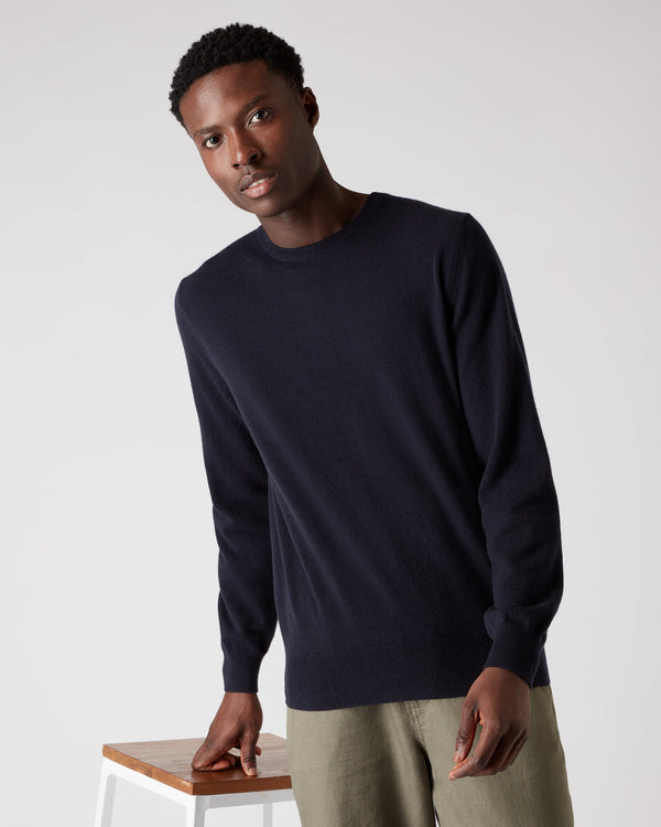n.peal Men's Oxford Round Neck Cashmere Sweater In Navy Blue