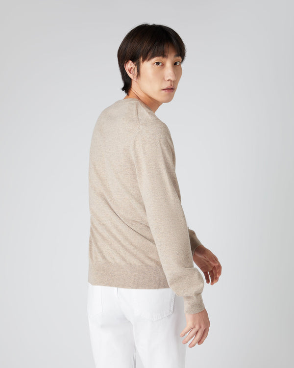 N.peal Men's Oxford Round Neck Cashmere Sweater In Oatmeal Brown