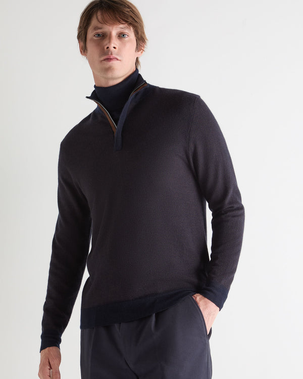 n.peal Men's Regent Houndstooth Fine Gauge Cashmere Half Zip Sweater In Navy Blue