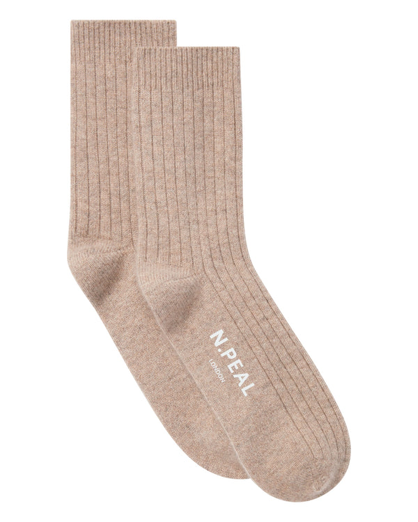 n.peal Men's Rib Cashmere House Socks In Oatmeal Brown