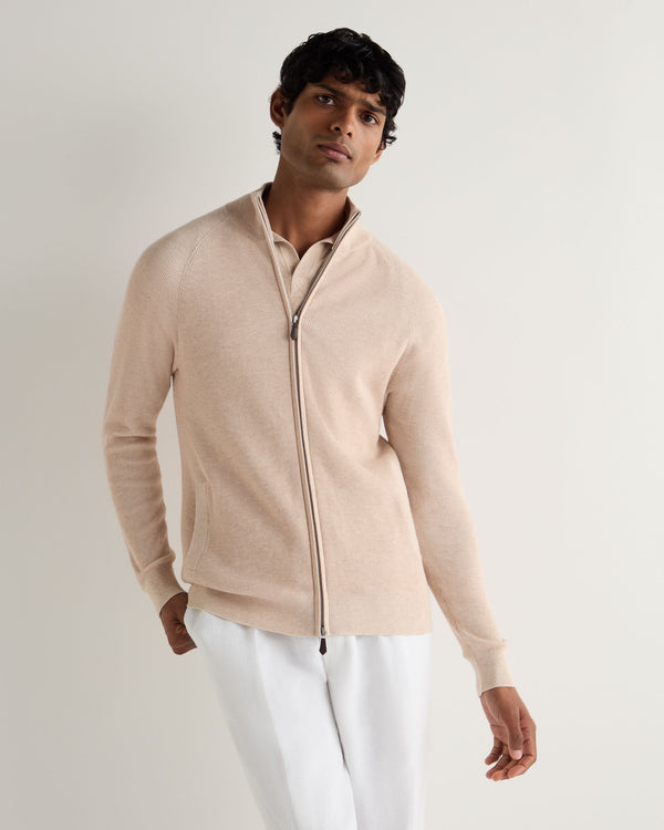 n.peal Men's Ribbed Full Zip Cotton Cashmere Sweater In Sandstone Brown