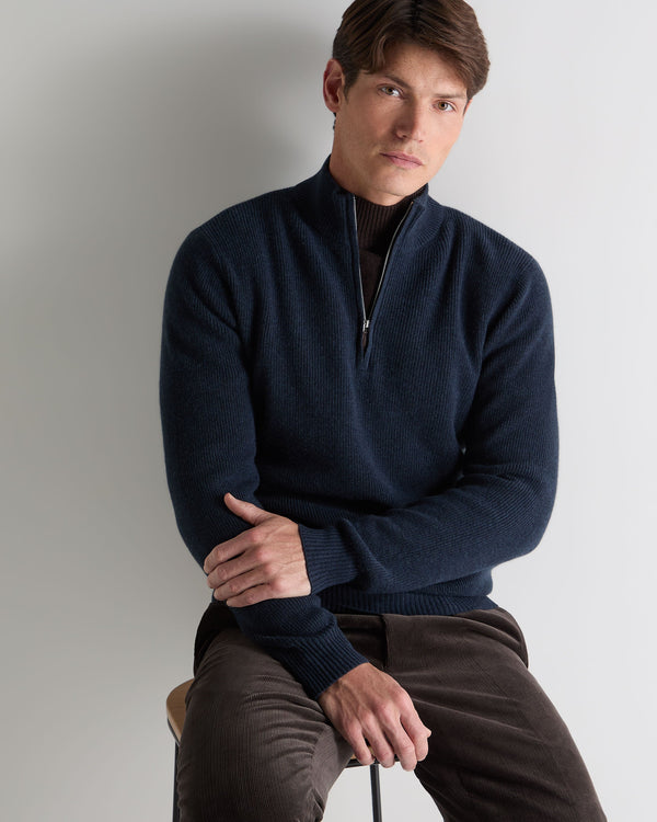 n.peal Men's Ribbed Half Zip Cashmere Sweater In Indigo Blue