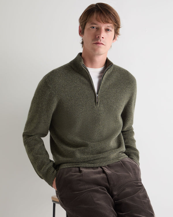 n.peal Men's Ribbed Half Zip Cashmere Sweater In Moss Green