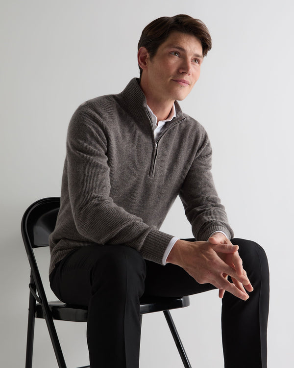 n.peal Men's Ribbed Half Zip Cashmere Sweater In Wood Smoke Brown