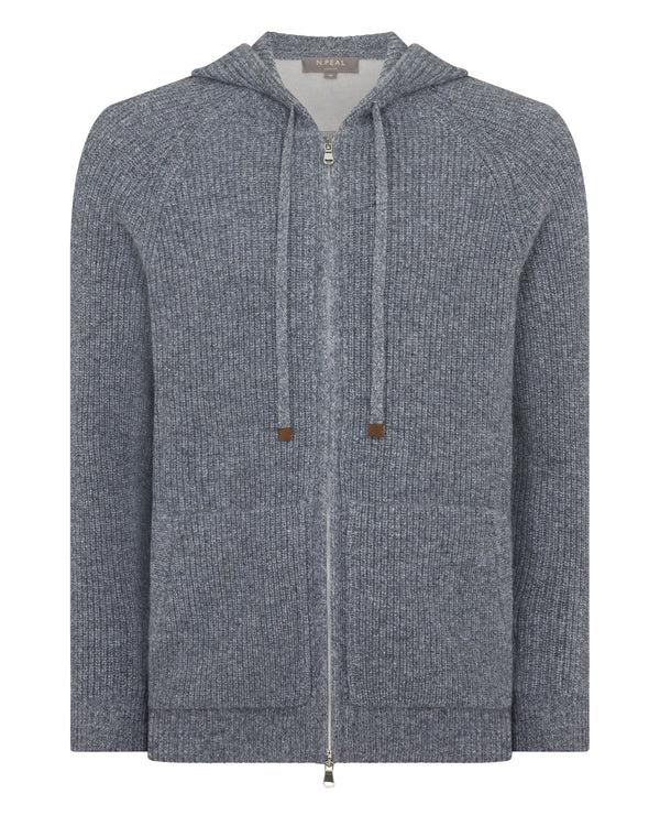 N.peal Men's Ribbed Zip Through Cashmere Hoodie In Grey Melange