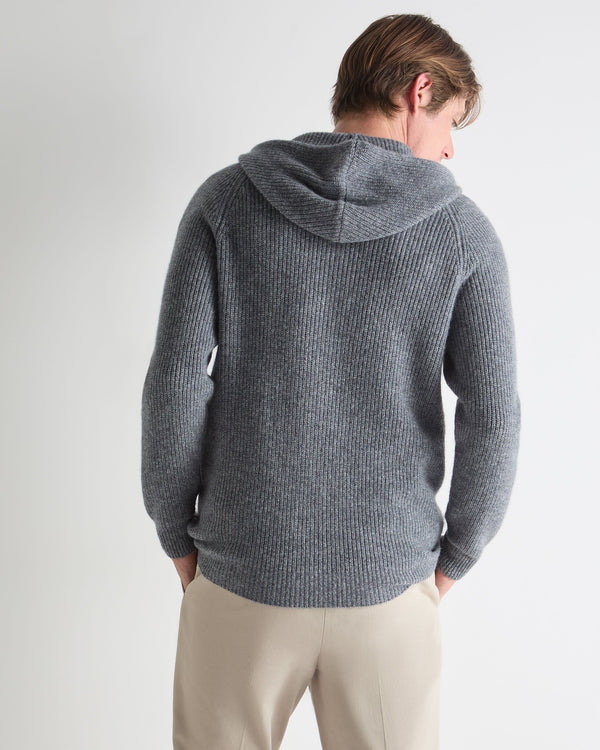 N.peal Men's Ribbed Zip Through Cashmere Hoodie In Grey Melange