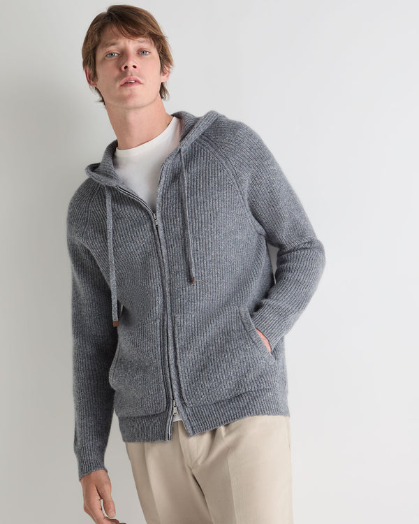 n.peal Men's Ribbed Zip Through Cashmere Hoodie In Grey Melange