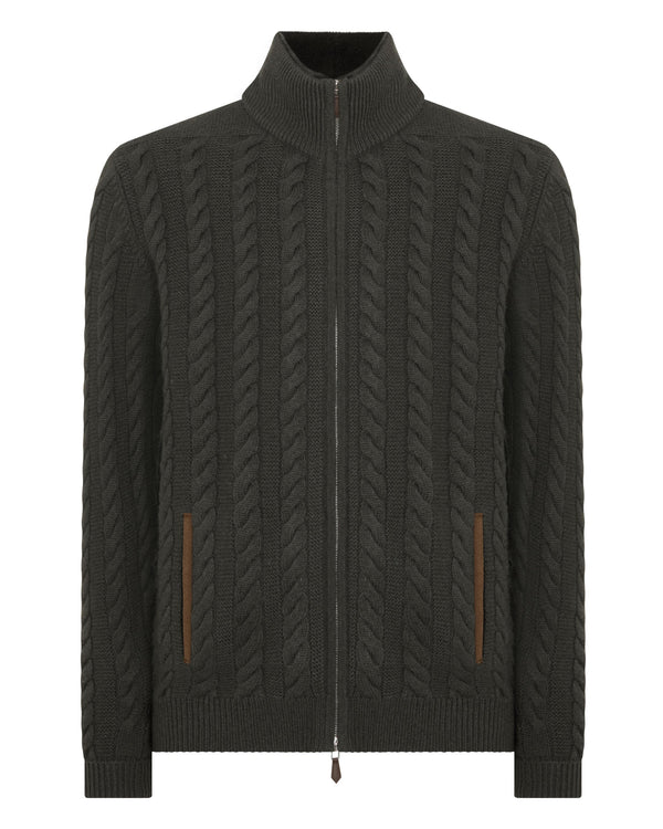 N.peal Men's Richmond Cable Cashmere Cardigan In Arabica Khaki Green