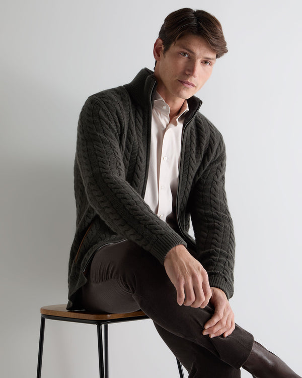 n.peal Men's Richmond Cable Cashmere Cardigan In Arabica Khaki Green