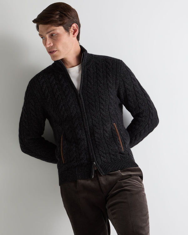 n.peal Men's Richmond Cable Cashmere Cardigan In Charcoal Grey Melange