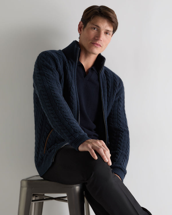 n.peal Men's Richmond Cable Cashmere Cardigan In Indigo Blue