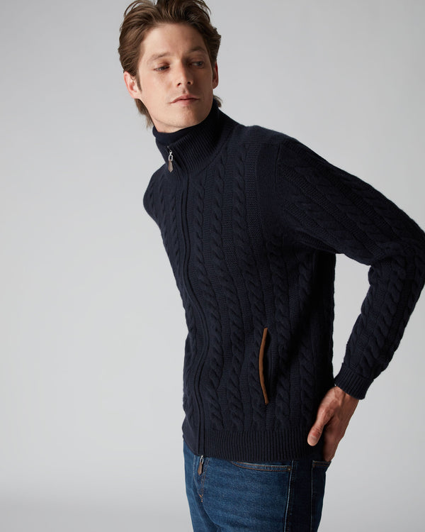 n.peal Men's Richmond Cable Cashmere Cardigan In Navy Blue