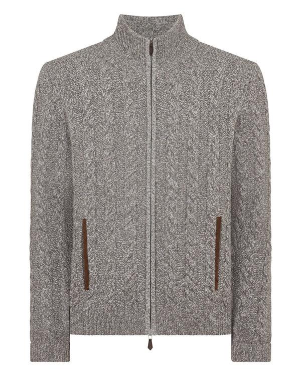 N.peal Men's Richmond Cable Cashmere Cardigan In Soft Truffle Brown Marl