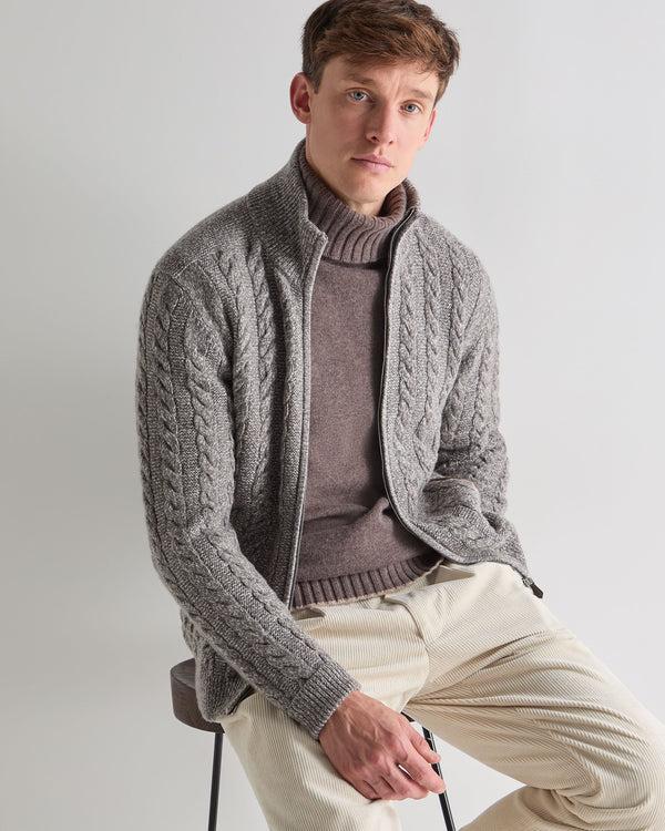 n.peal Men's Richmond Cable Cashmere Cardigan In Soft Truffle Brown Marl