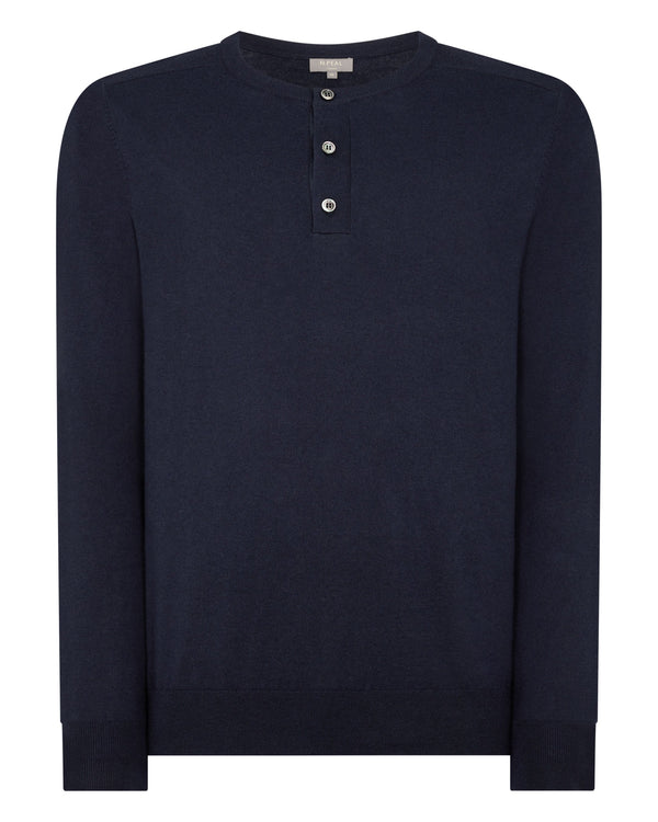 N.peal Men's Round Neck Cotton Cashmere Henley In Navy Blue