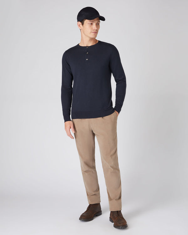 N.peal Men's Round Neck Cotton Cashmere Henley In Navy Blue