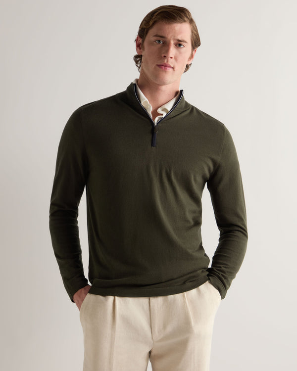 n.peal Men's Salcombe Half Zip Cotton Cashmere Sweater In Arabica Khaki Green
