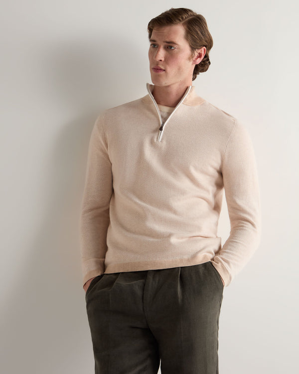 n.peal Men's Salcombe Jacquard Half Zip Cotton Cashmere Sweater In Sandstone Brown