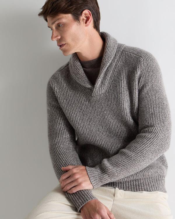 n.peal Men's Shawl Collar Cashmere Sweater In Soft Truffle Brown Marl
