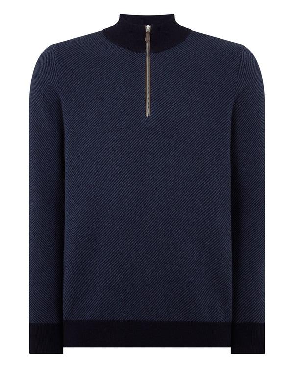 N.peal Men's Temple Jacquard Half Zip Cashmere Sweater In Blue Herringbone