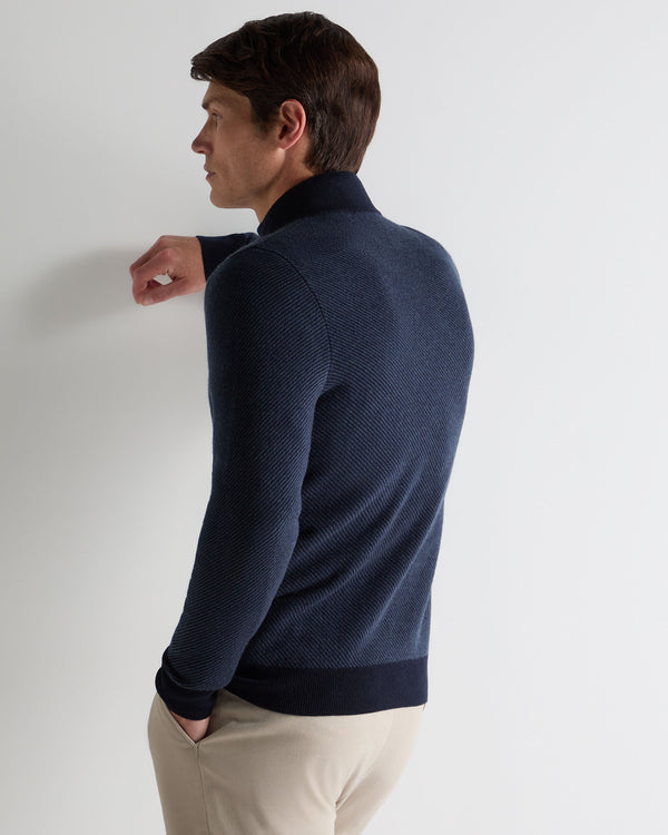 N.peal Men's Temple Jacquard Half Zip Cashmere Sweater In Blue Herringbone