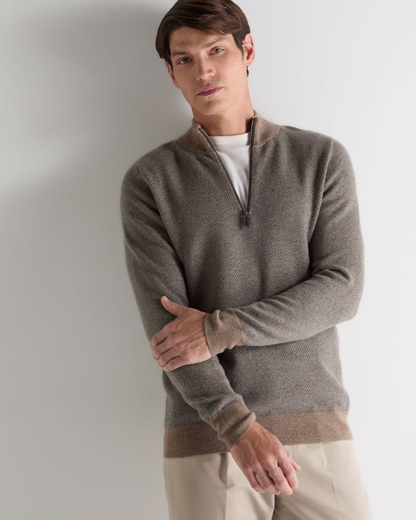 n.peal Men's Temple Jacquard Half Zip Cashmere Sweater In Otter Brown
