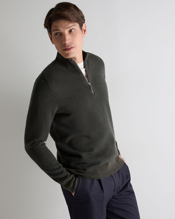 n.peal Men's Temple Jacquard Half Zip Cashmere Sweater In Arabica Khaki Green