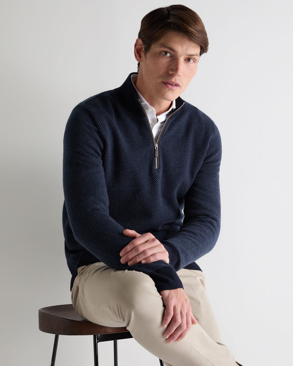 n.peal Men's Temple Jacquard Half Zip Cashmere Sweater In Blue Herringbone
