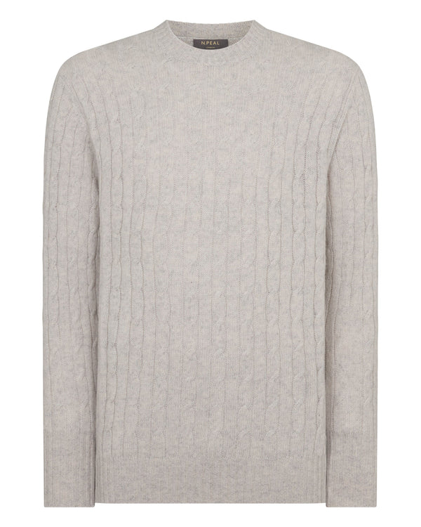 N.peal Men's Thames Cable Round Neck Cashmere Sweater In Nougat Brown Marl