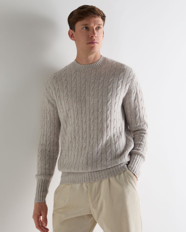 n.peal Men's Thames Cable Round Neck Cashmere Sweater In Nougat Brown Marl
