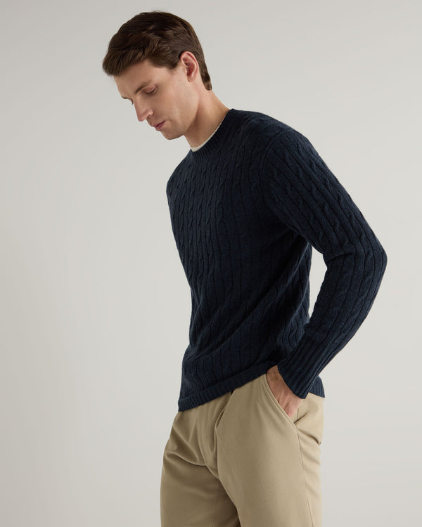 n.peal Men's Thames Cable Round Neck Cashmere Sweater In Indigo Blue