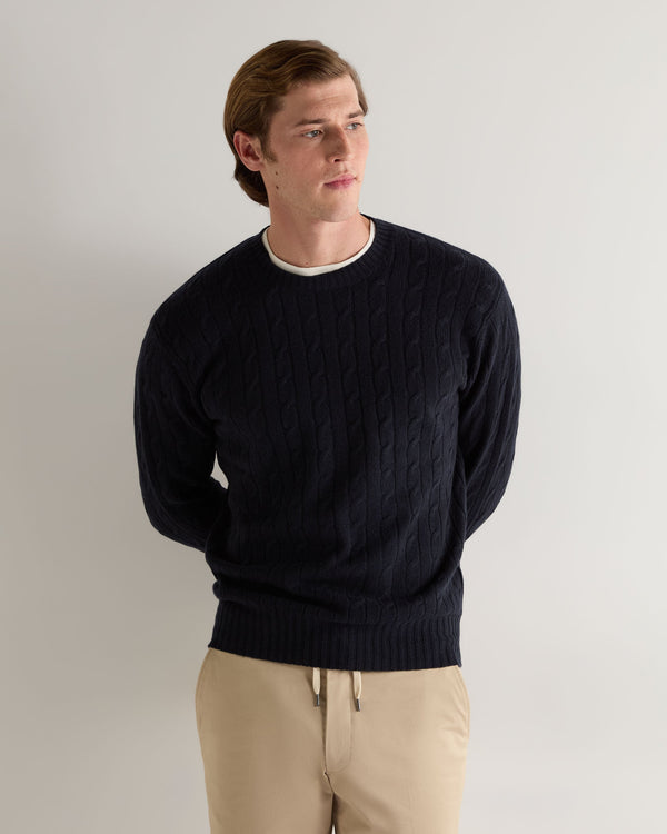 N.peal Men's Thames Cable Round Neck Cashmere Sweater In Navy Blue