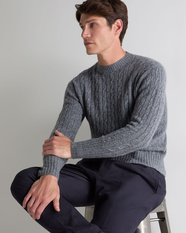 n.peal Men's Thames Cable Round Neck Cashmere Sweater In Grey Melange