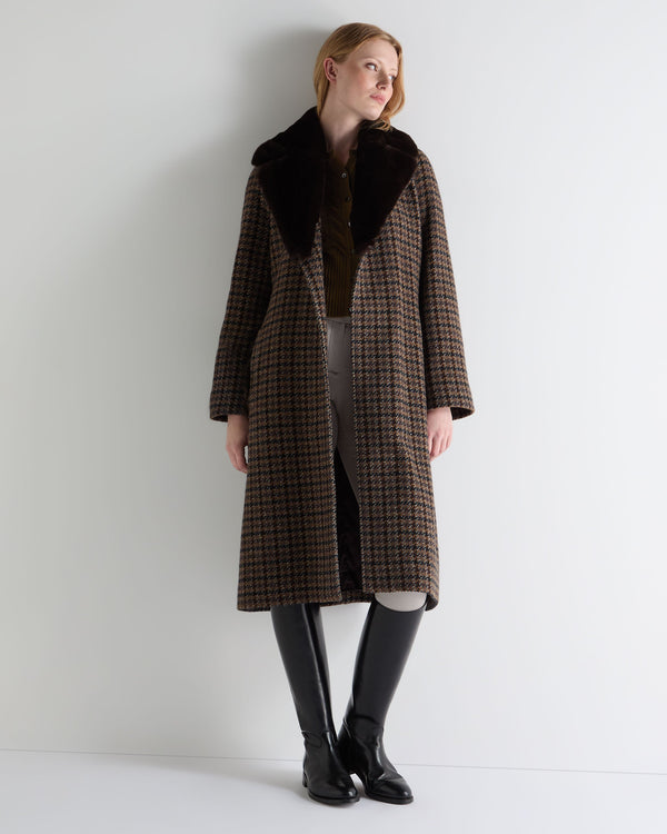 N.peal Women's Dogtooth Fur Trim Coat In Brown