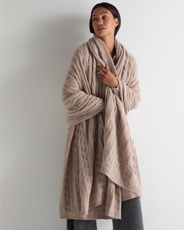 N.peal Unisex Cable Cashmere Throw In Oatmeal Brown