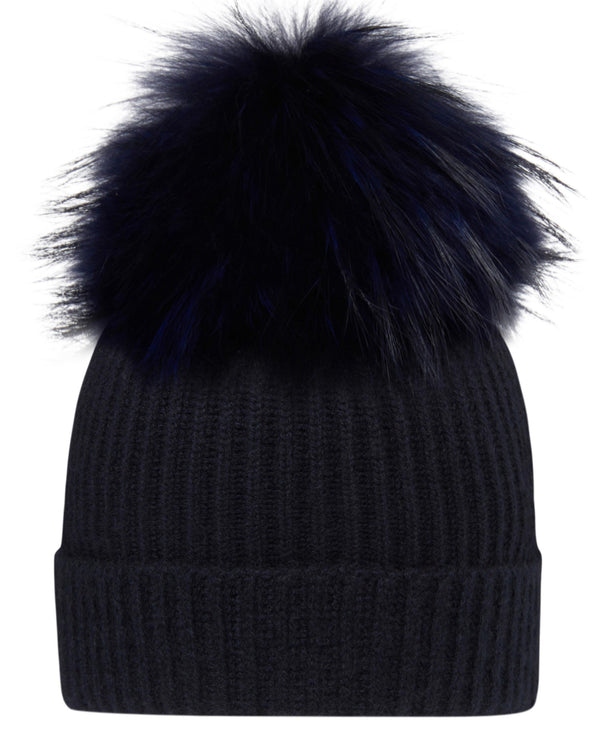 n.peal Unisex Ribbed Cashmere Hat With Detachable Pom In Navy Blue