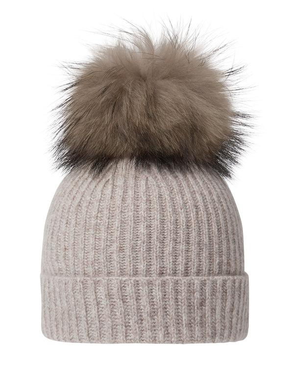 n.peal Unisex Ribbed Cashmere Hat With Detachable Pom In Basilica Beige Brown Marl