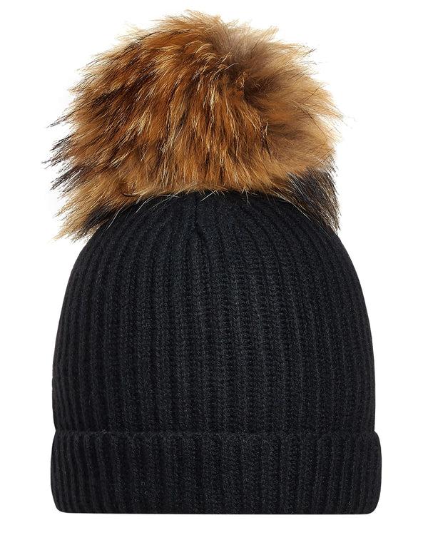 n.peal Unisex Ribbed Cashmere Hat With Detachable Pom In Black